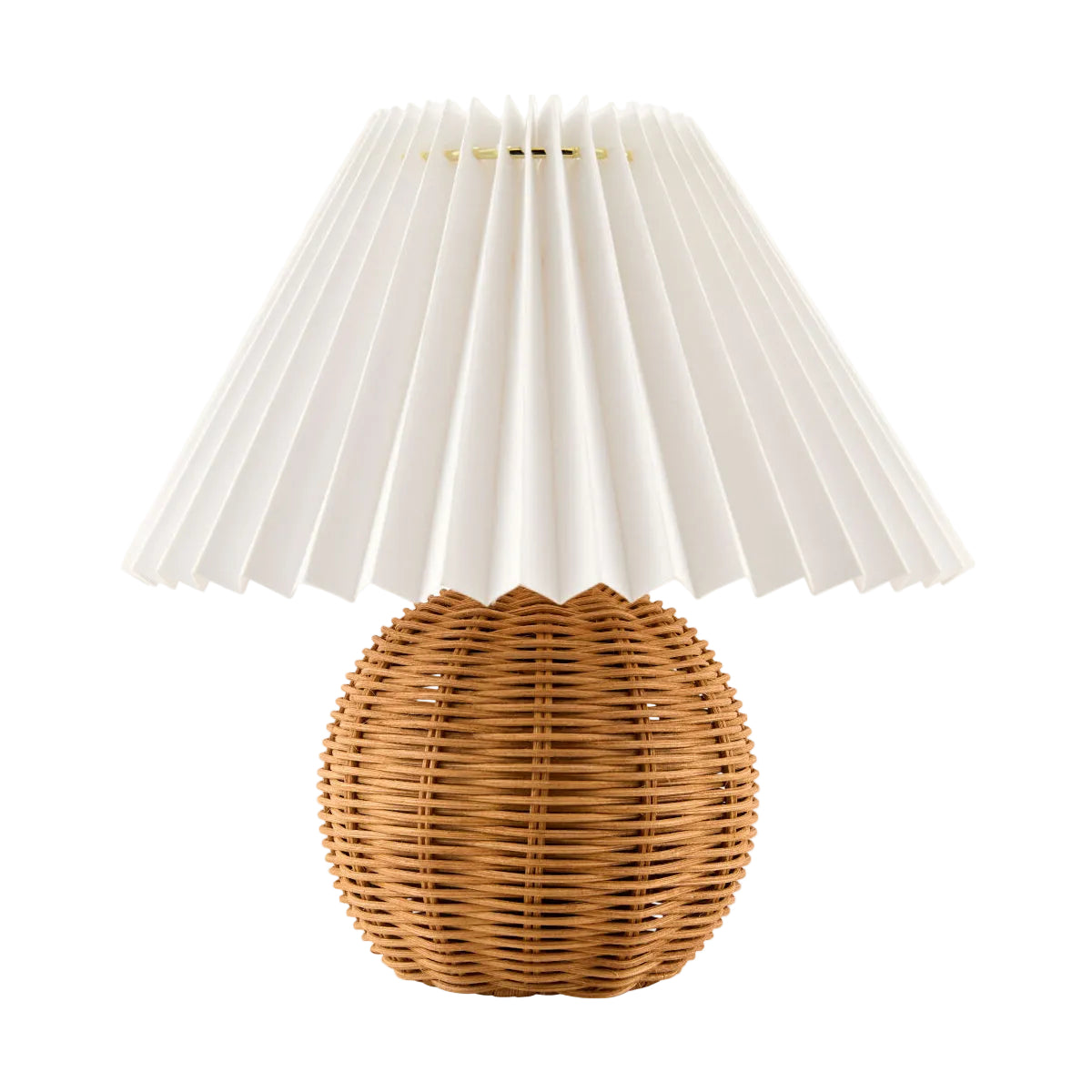 A table lamp with a white pleated fabric shade and a round woven rattan base in a warm natural tan color, shown against a plain white background.