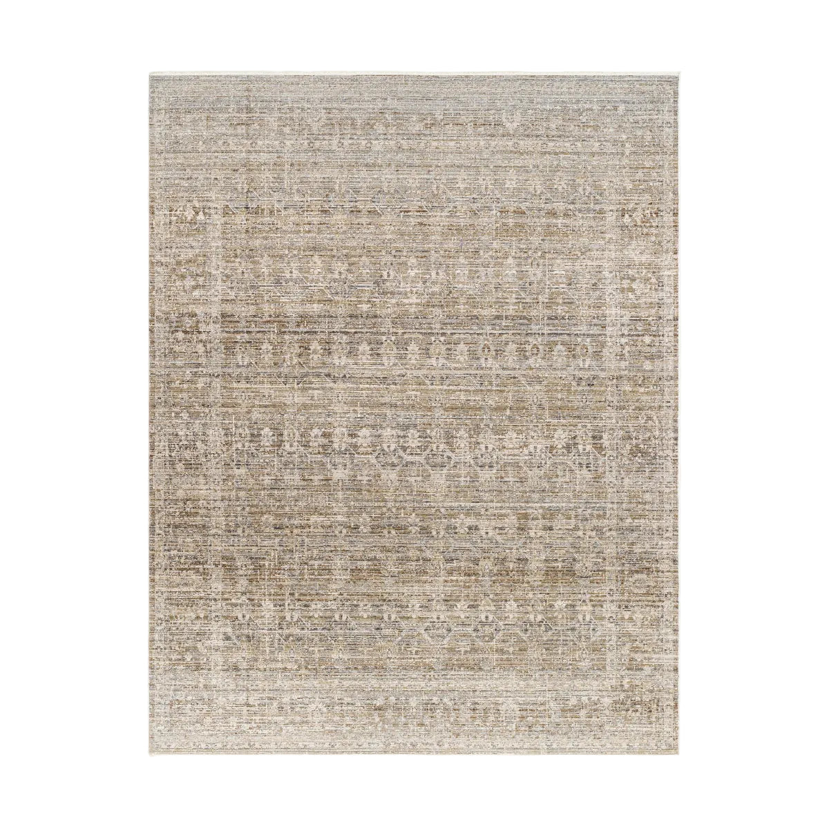 Textured area rug with a neutral color palette on a white background