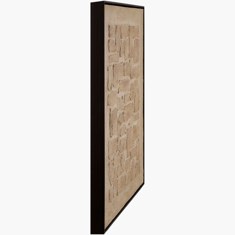 Tall vertical stone wall panel with a black frame on a white background