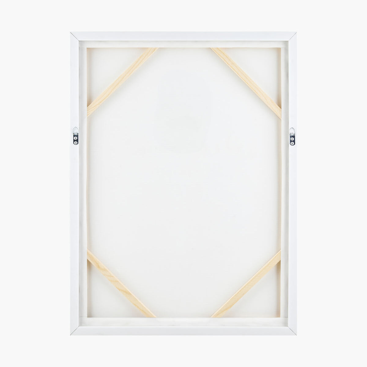 White picture frame with wooden accents on a white background