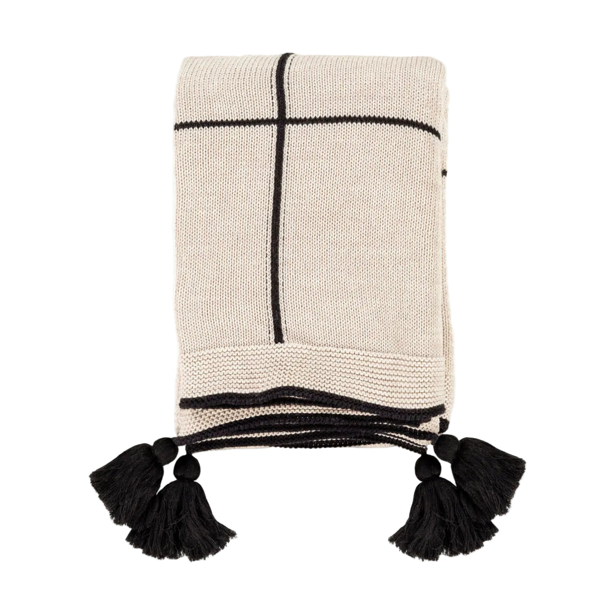 Beige and black plaid blanket with tassels on a white background