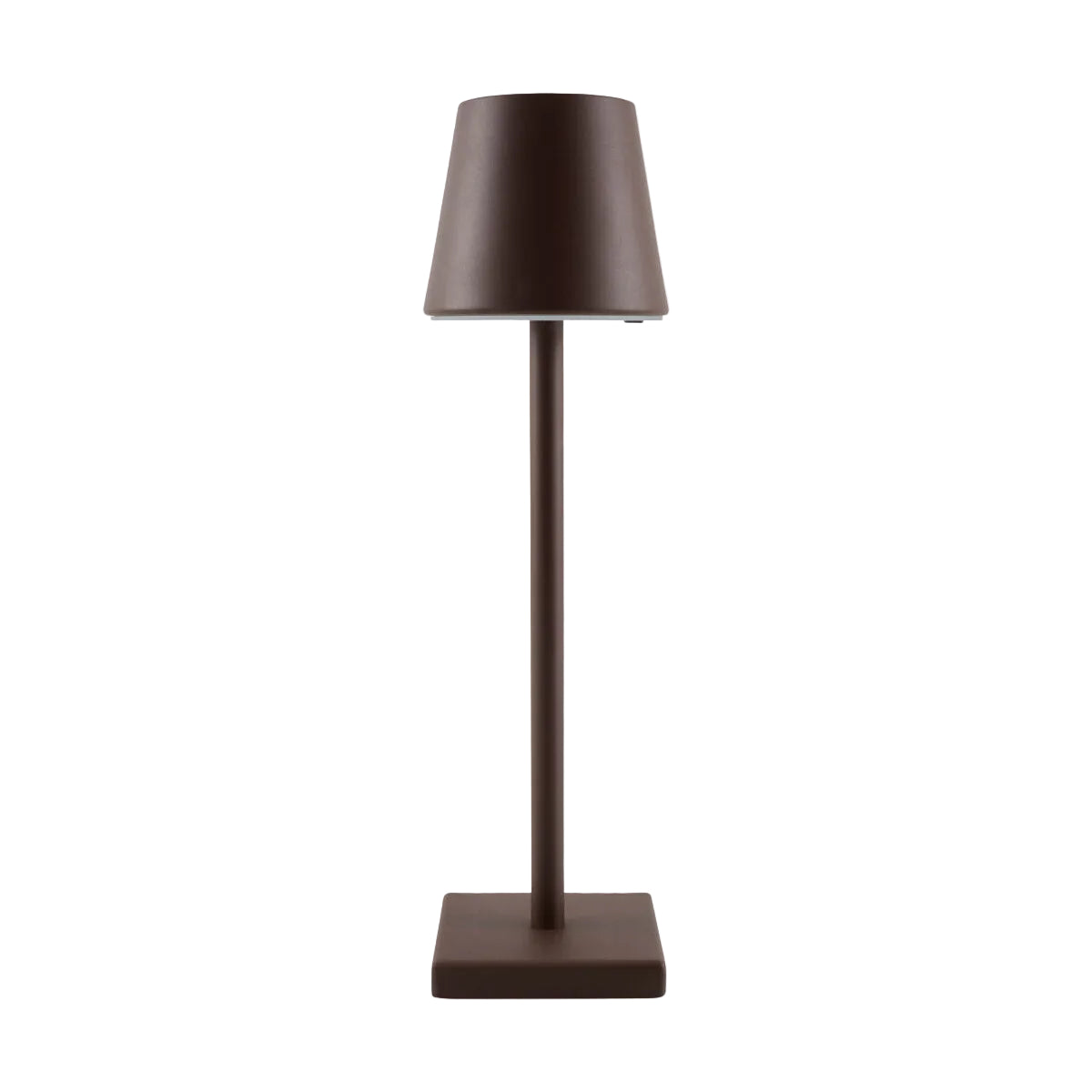 Brown table lamp with a square base on a white background