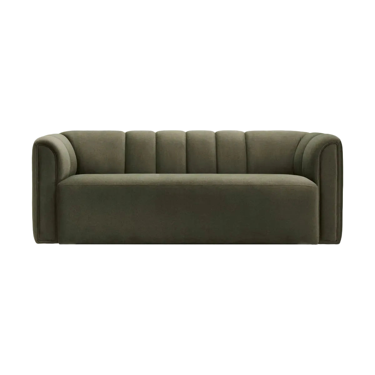 An olive green velvet loveseat sofa with a channel-tufted backrest and rounded arms, shown against a plain white background.