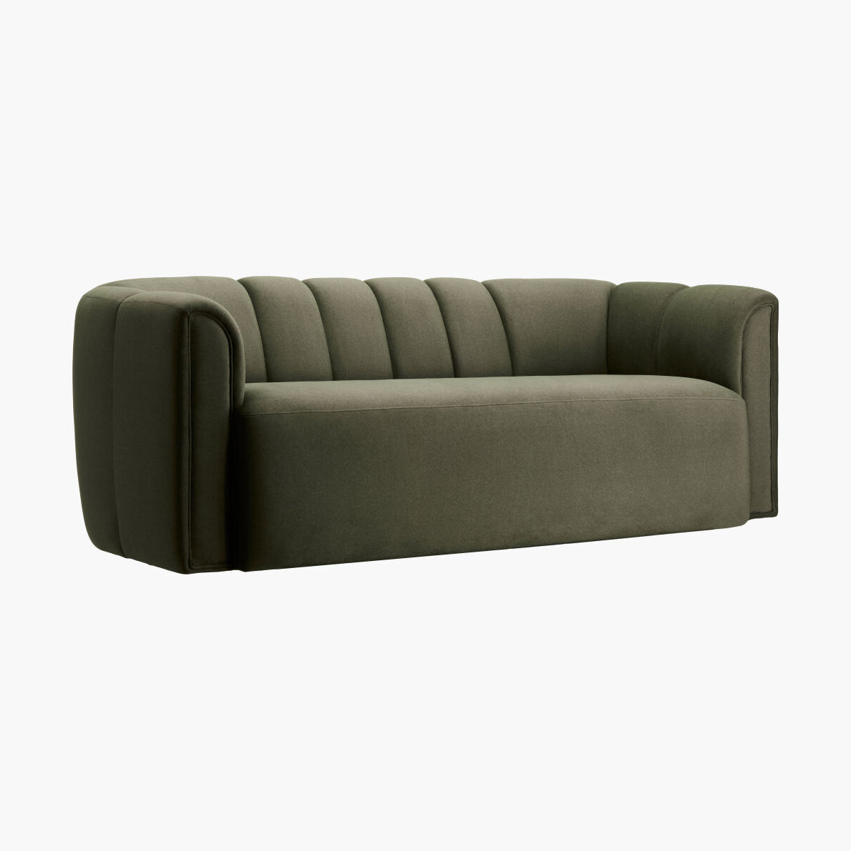 An olive green upholstered sofa with a modern design, featuring a channel-tufted backrest and rounded arms, shown against a plain white background.