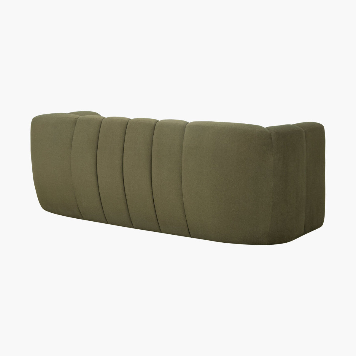 An olive green upholstered sofa section or bench with a padded backrest and vertical channel tufting, shown against a plain white background.