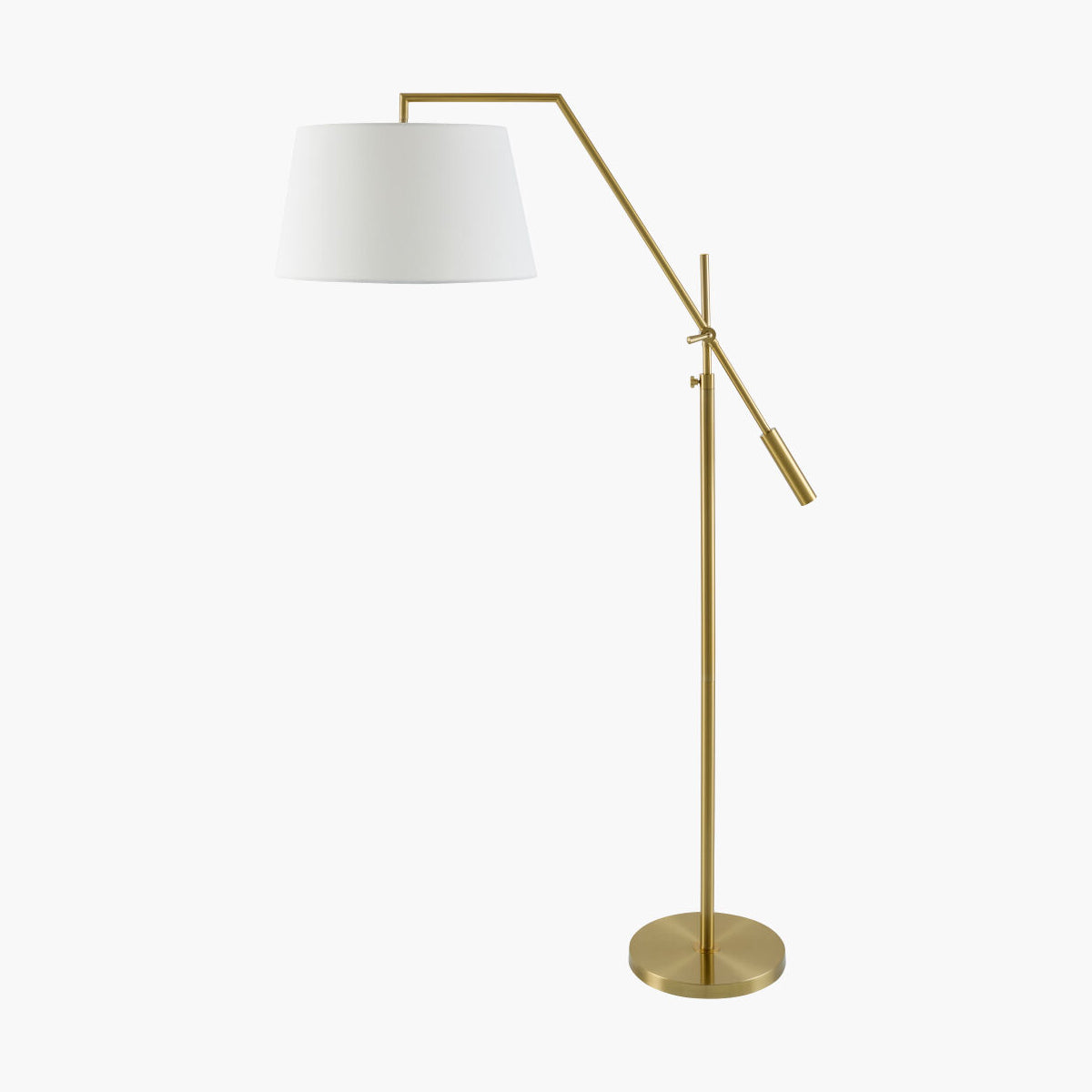 A modern floor lamp with a brushed brass/gold metal frame and a white drum shade, shown against a plain white background.