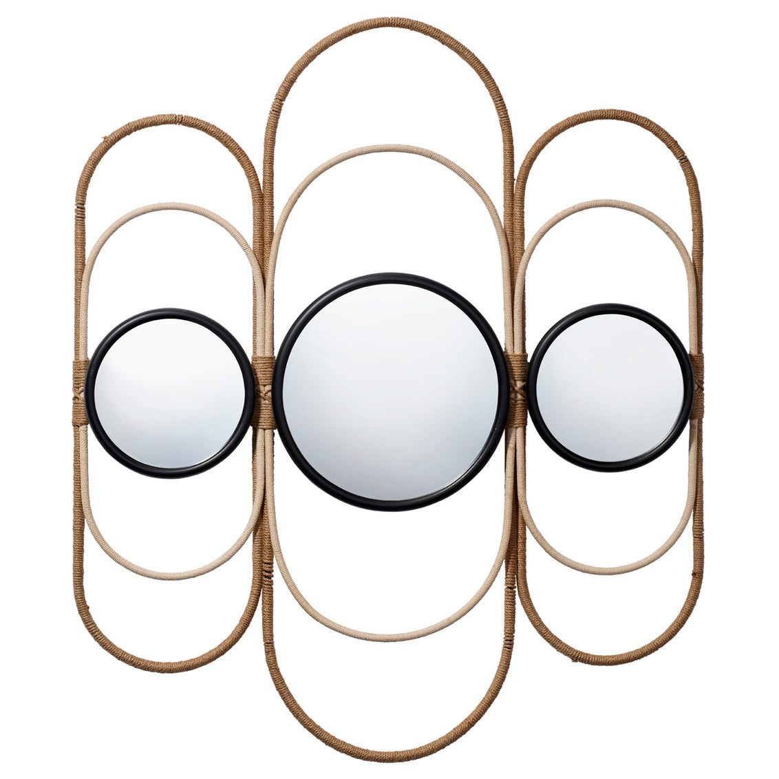 Decorative wall mirror with circular mirrors and rattan-like frame on a white background