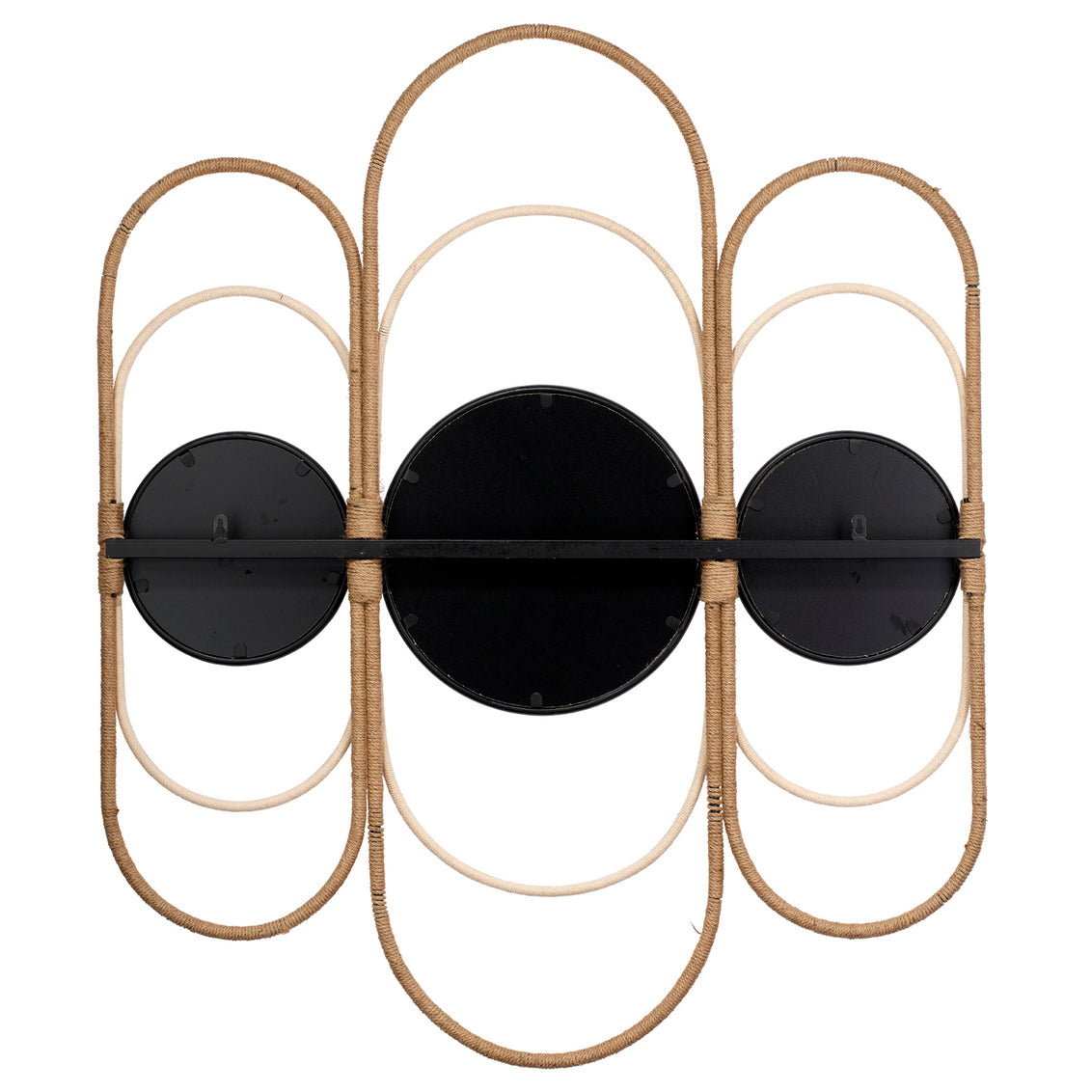 Back view of a decorative wall mirror with wavy wooden arches on a white background