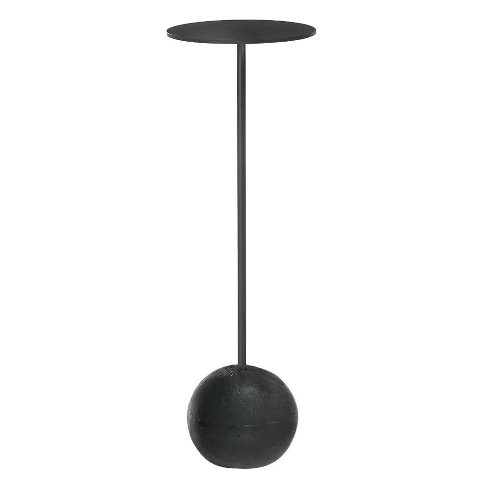 A modern black metal floor lamp with a circular top plate, a slim central pole, and a spherical base, shown against a plain light gray background.