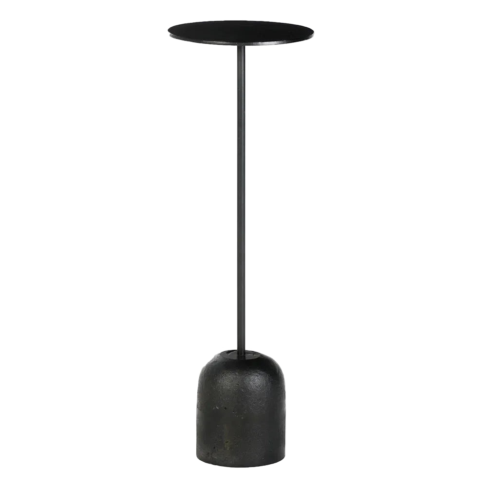 Black side table with a round top and cylindrical base on a white background