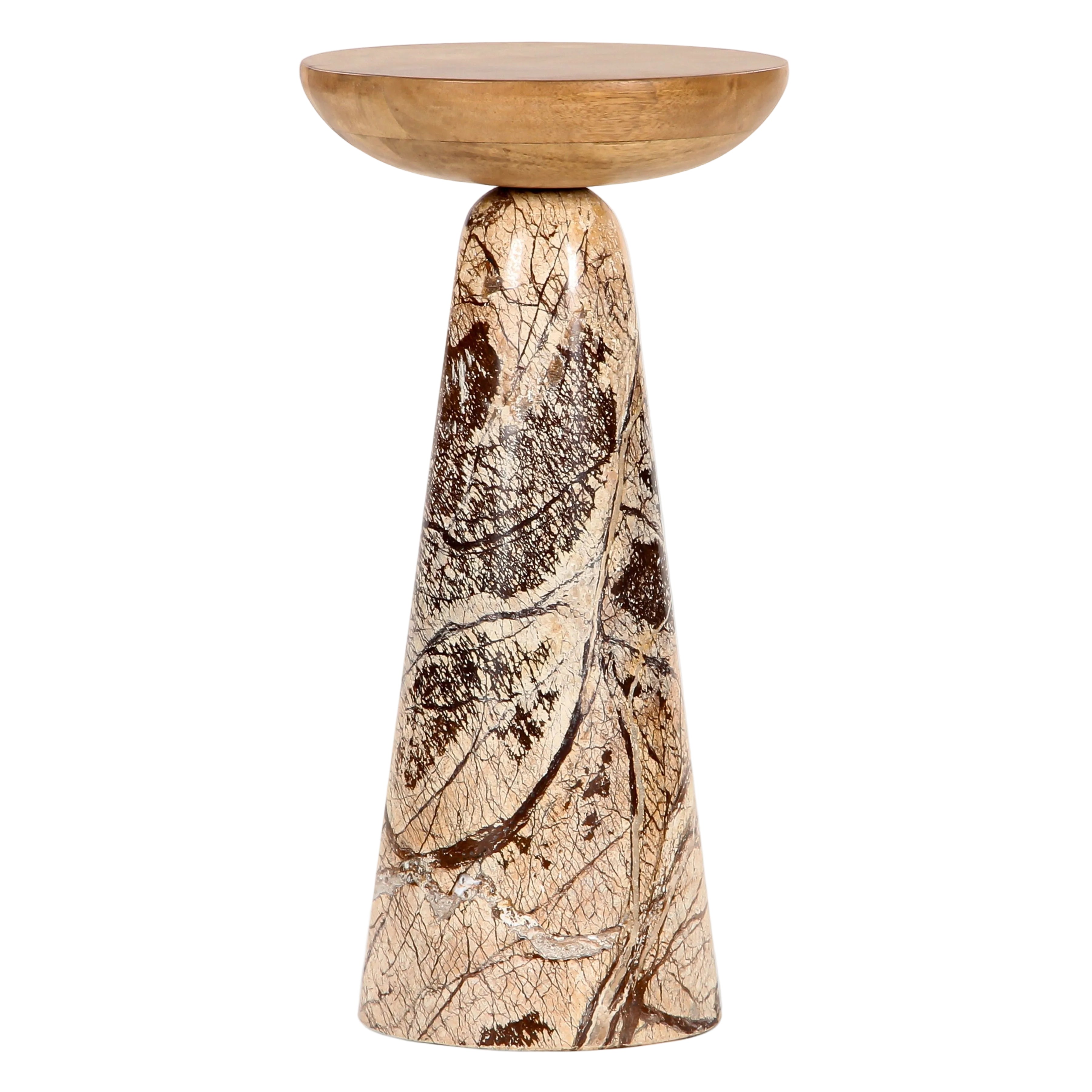Side table with wooden top and marble-patterned base on a white background