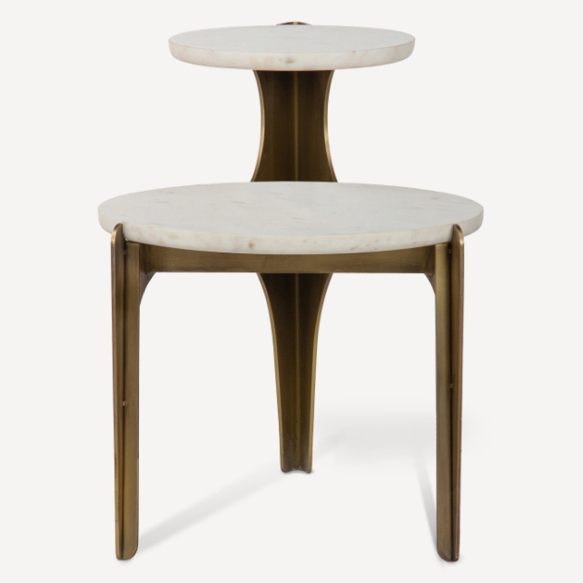 A modern two-tier ide table featuring round white marble tops and sculptural bronze metal legs, shown on a clean white background.