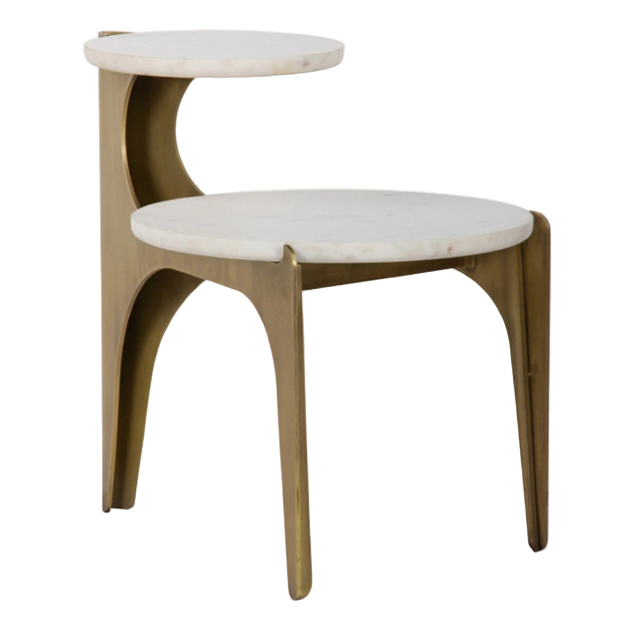 A modern two tiered side table featuring a curved steel frame in a warm antique brass and circular white marble tabletops, shown against a plain white background.