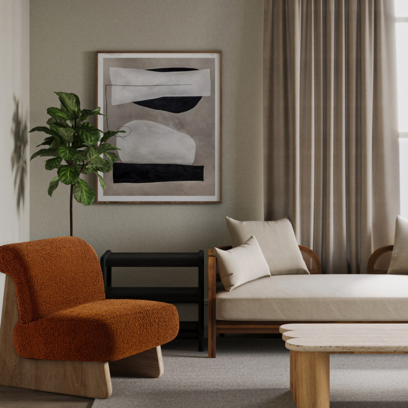 A styled interior scene with a rust-orange boucle armchair, a cream chaise lounge with pillows, a black side table, a potted plant, and framed abstract wall art against a warm beige wall.