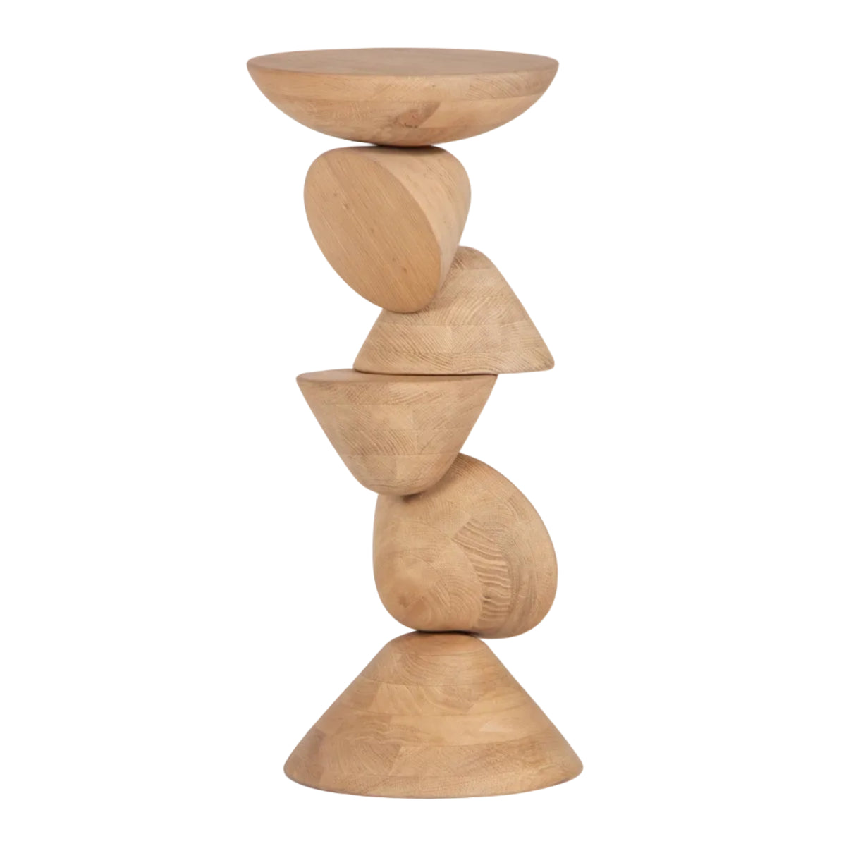 Oak side table with stacked design on white background