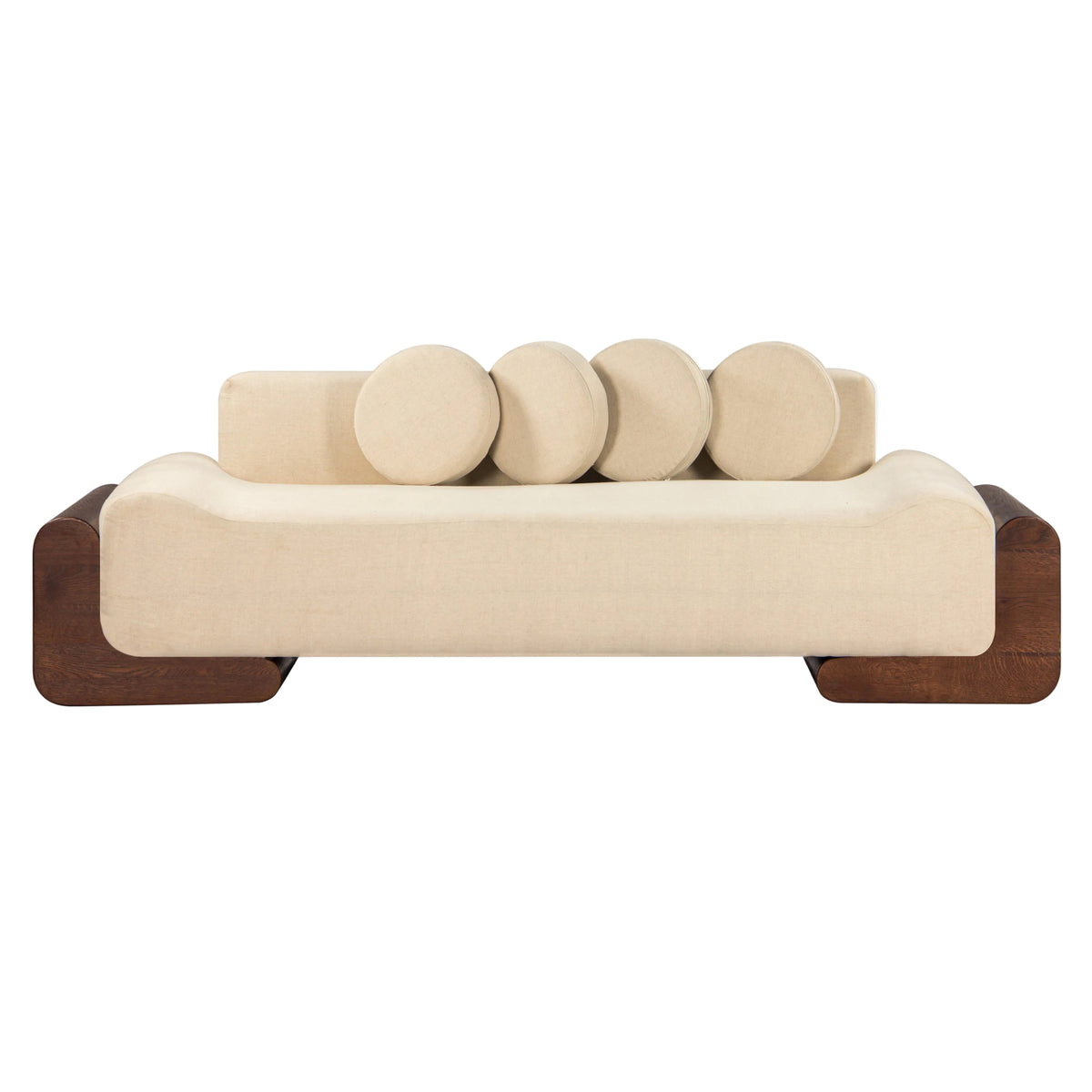 A modern low-profile daybed sofa with a cream-colored upholstered seat and backrest, featuring five round back cushions and dark brown wooden side supports, shown against a solid off-white background.