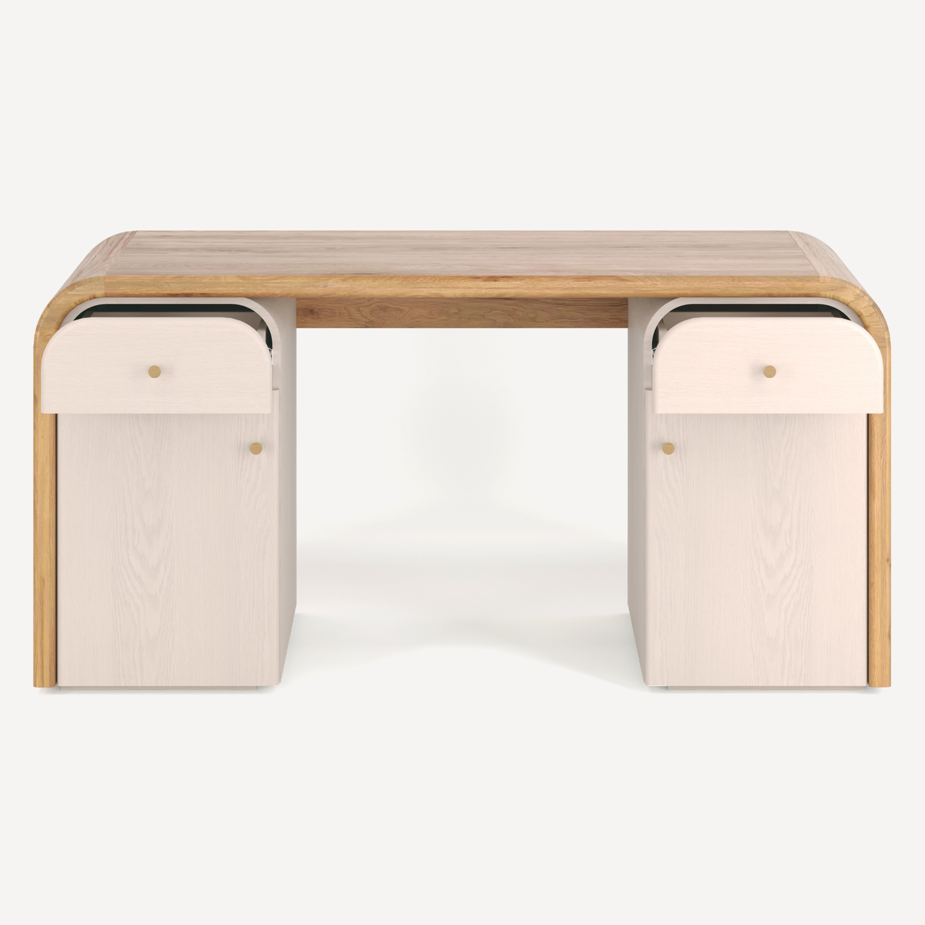 A modern writing desk with a light natural wood top and pale pinkish-beige wooden legs and drawers, shown against a plain white background.