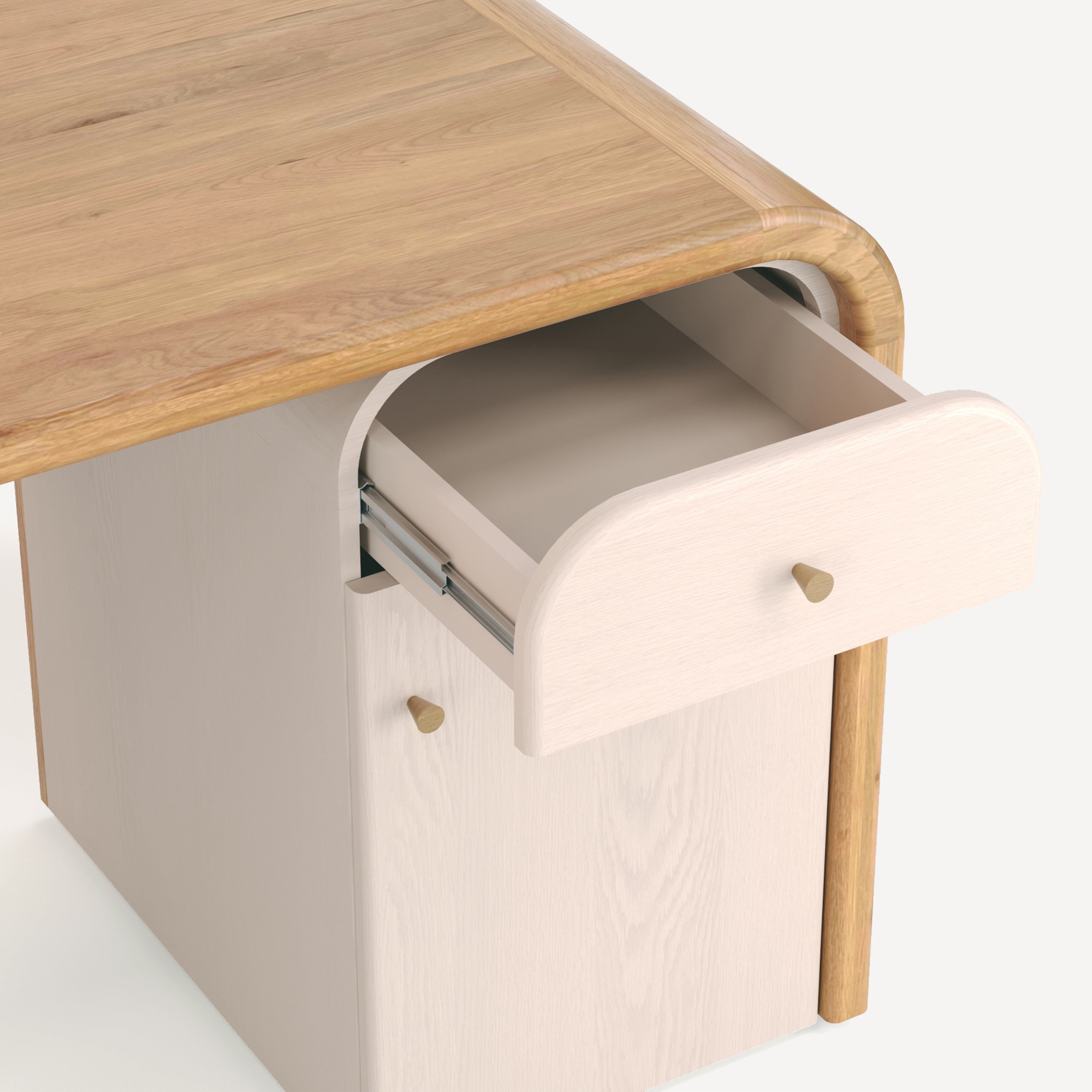 Wooden desk with a drawer open on a white background