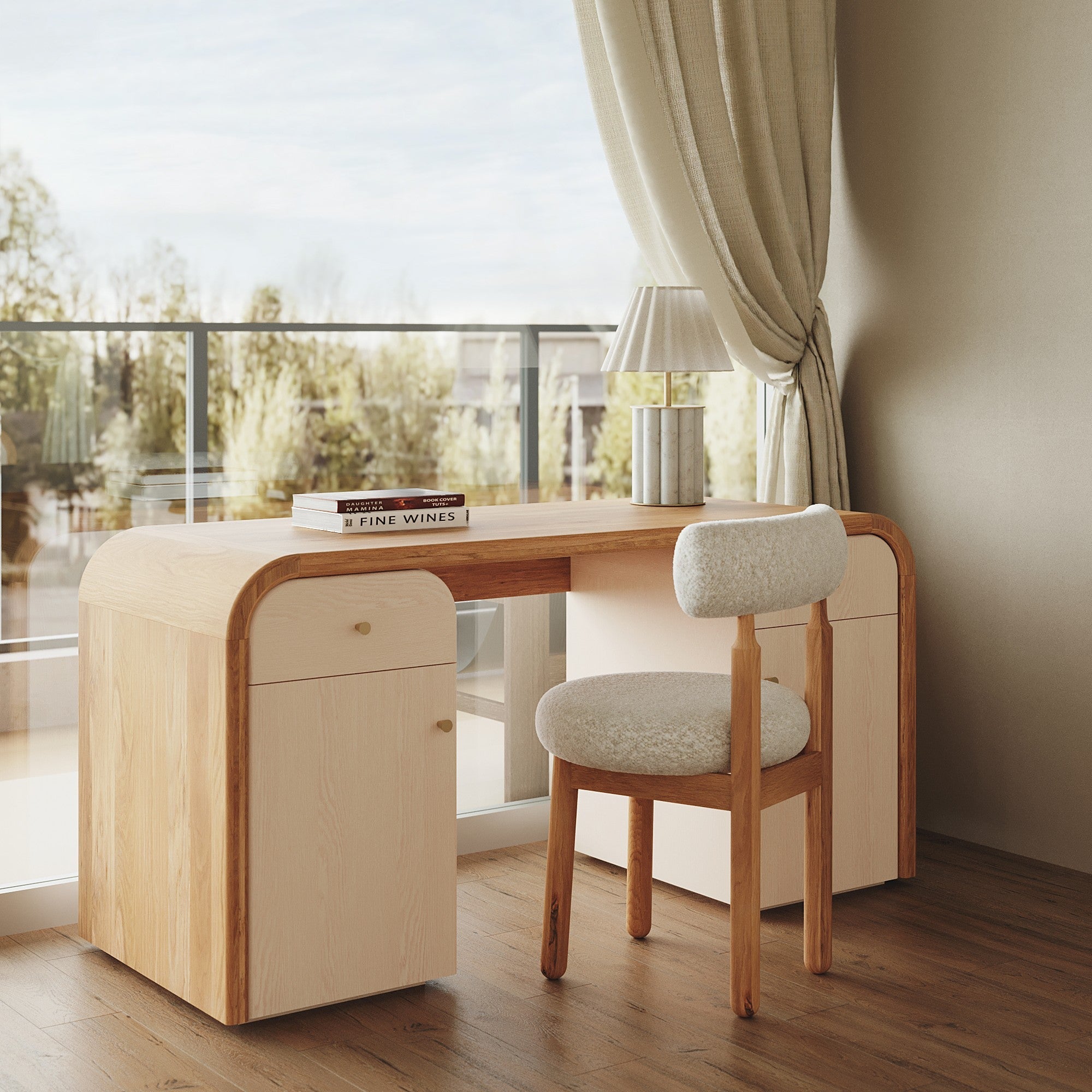 Wooden desk with chair in a room with large windows and curtains