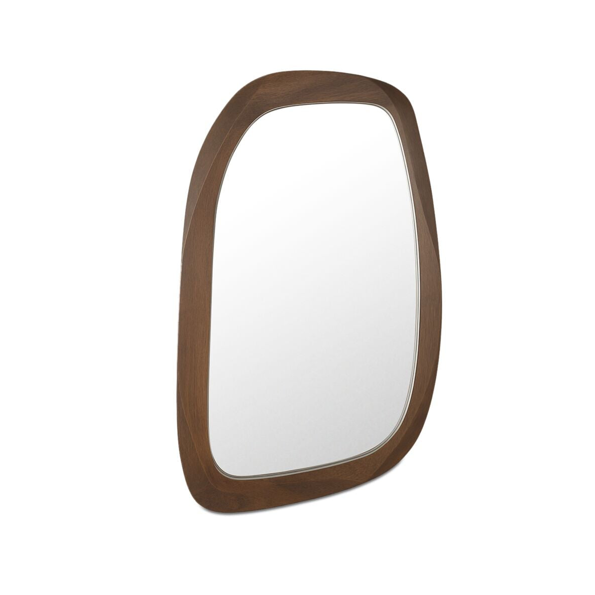 Rectangular organic mirror with a brown frame on a white background