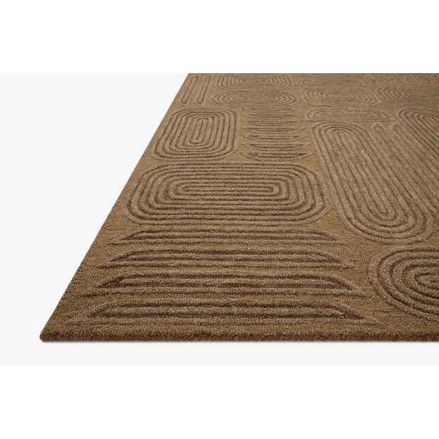 Brown textured rug with abstract pattern on a white background