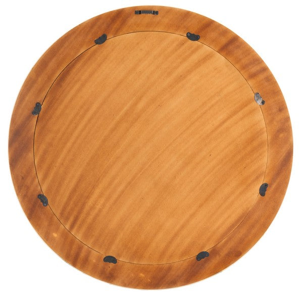 Wooden circular mirror back with a smooth finish on a white background