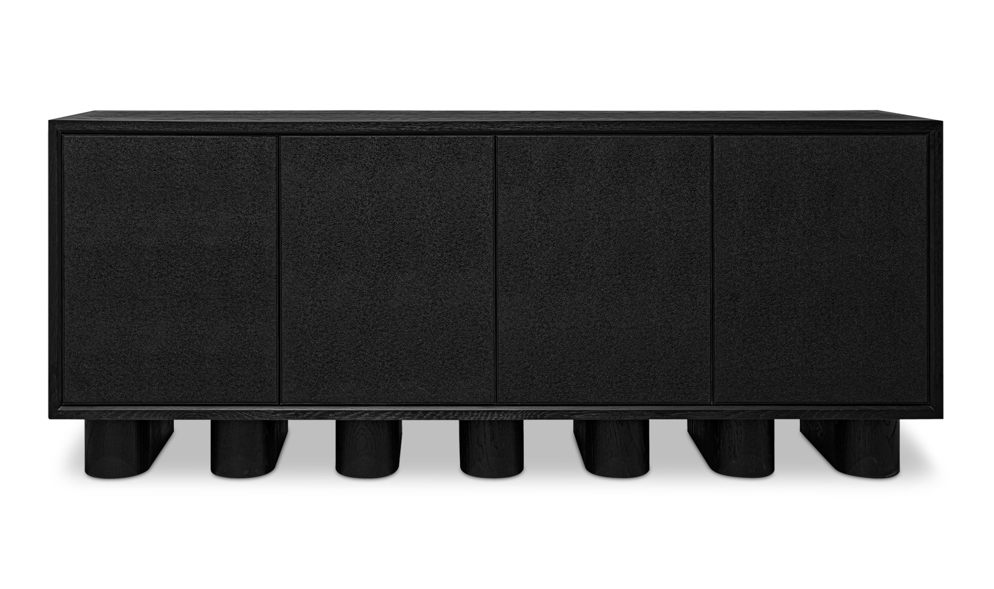 A black sideboard with minimalist design, featuring antique gold accents and chunky legs.