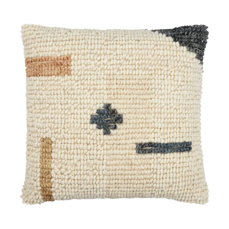 A square textured throw pillow with a cream-colored looped fabric body and abstract geometric accents in charcoal gray, light brown, and tan.