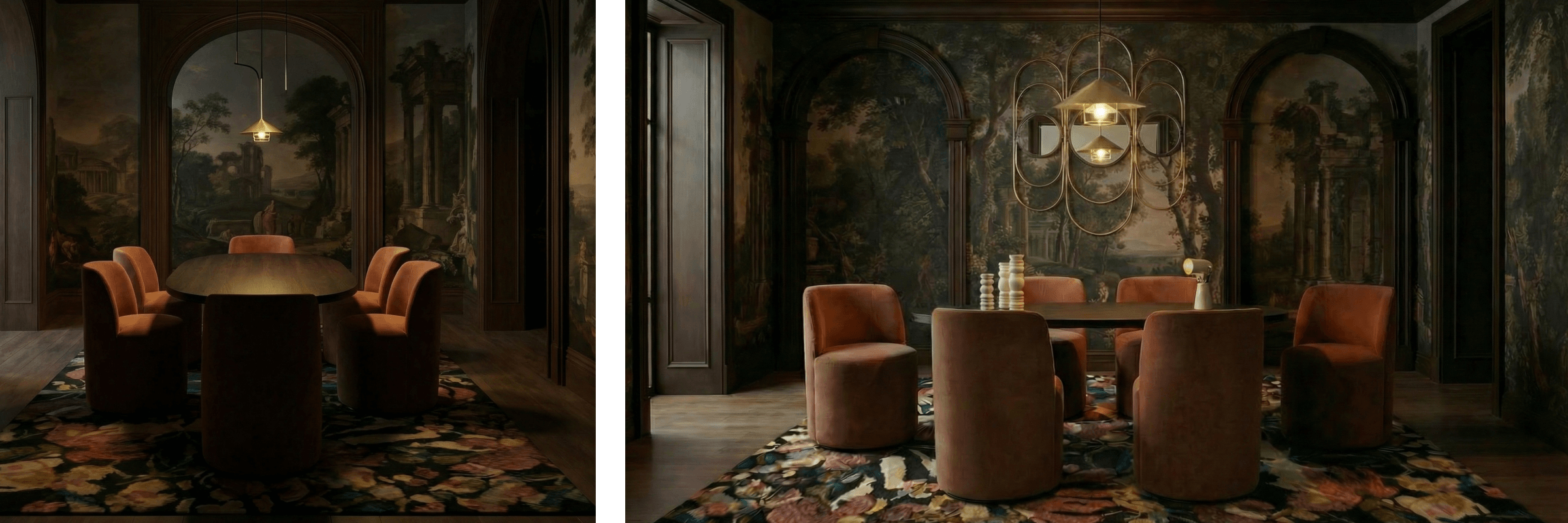 Dining room with ornate walls and patterned rug