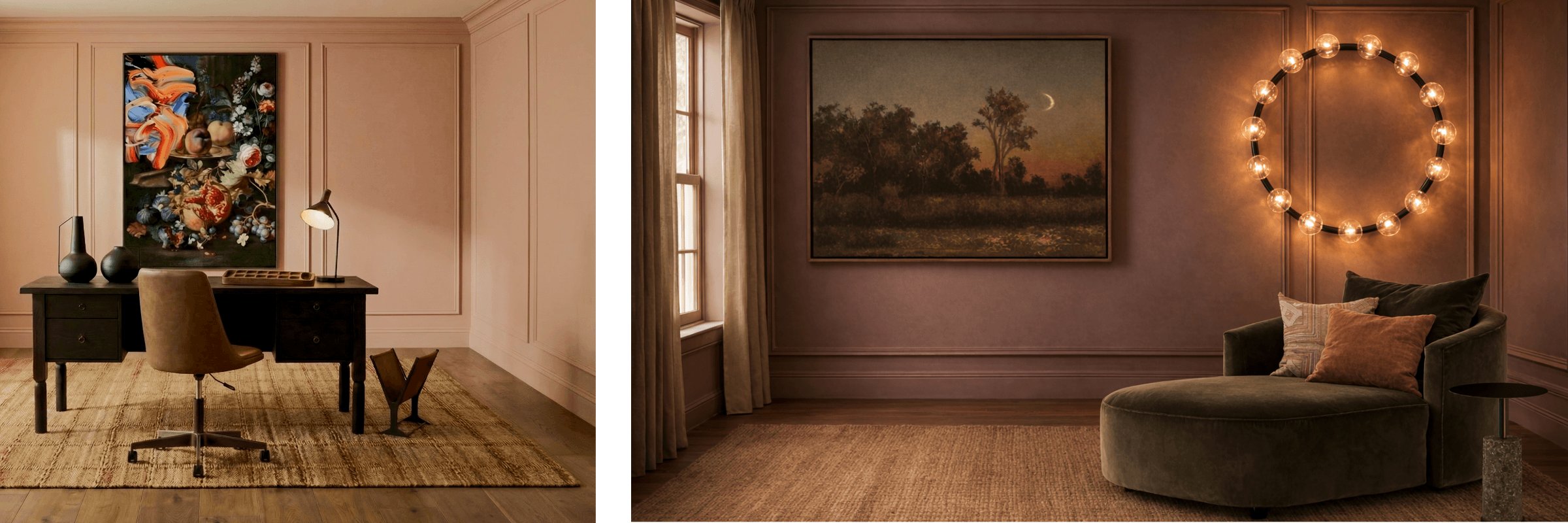 Two interior design scenes with wall art and furniture.