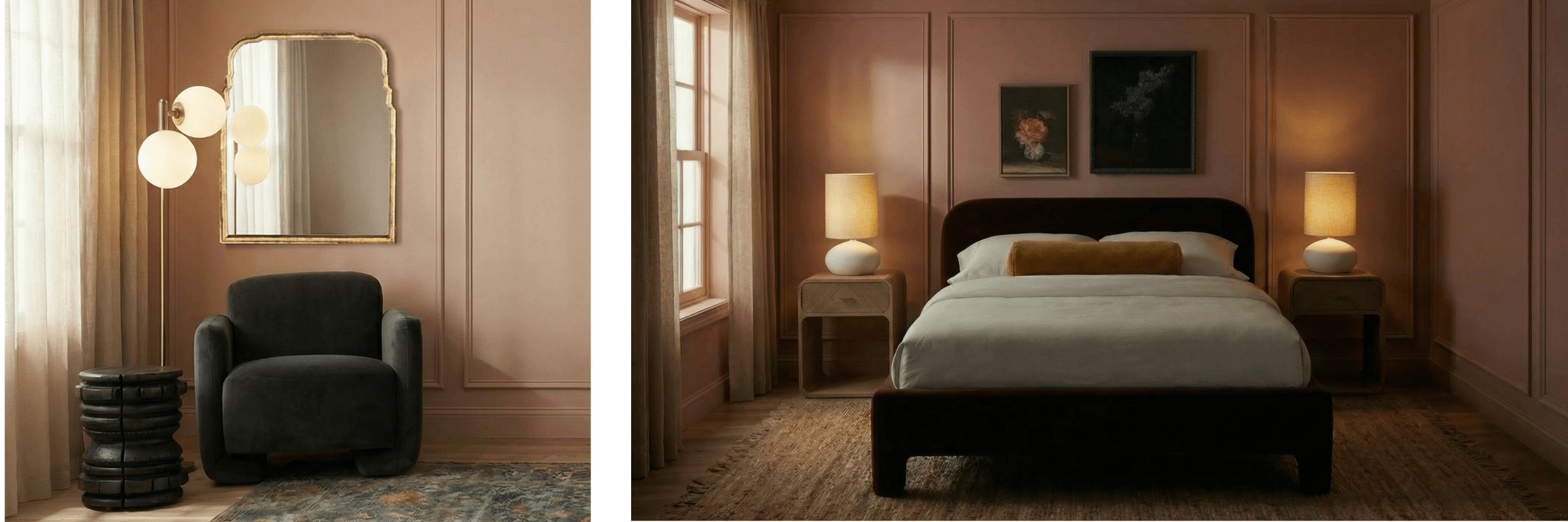 Modern bedroom with a bed, armchair, and wall art.