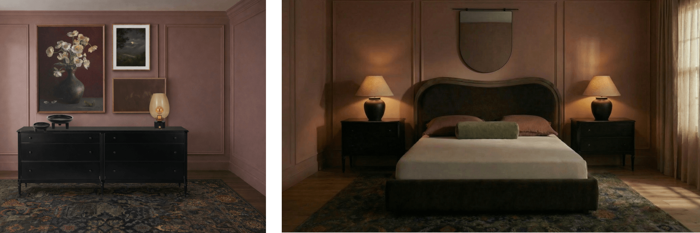 Two room settings: a living room with a sideboard and artwork, and a bedroom with a bed and lamps.