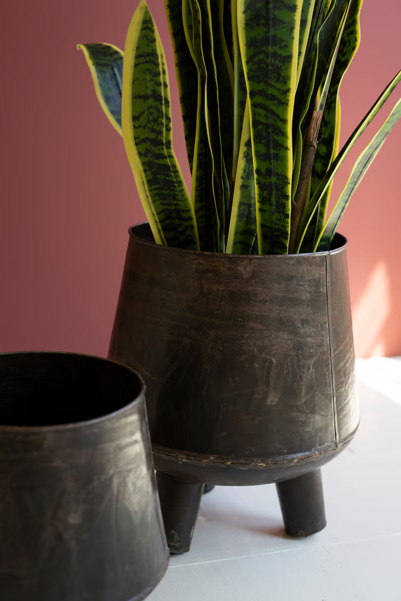 Set of 2 Hand-Hammered Iron Planters with Legs
