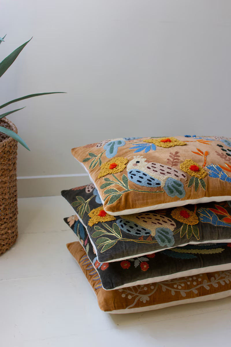 Set of 2 Embroidery Pillows with Birds