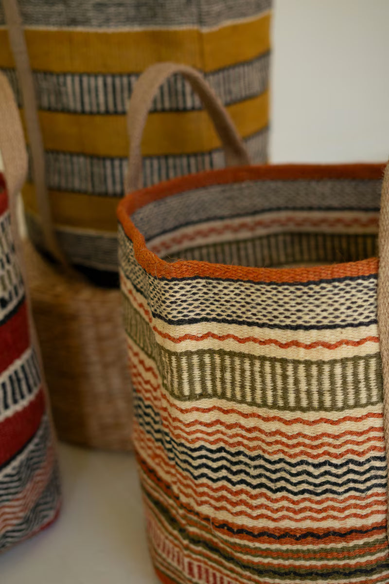 Set of 3 Multi-Colored Woven Jute Baskets with Handles