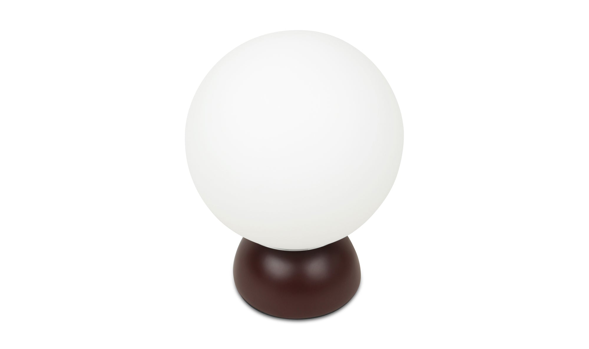 White spherical lamp on a brown base against a white background