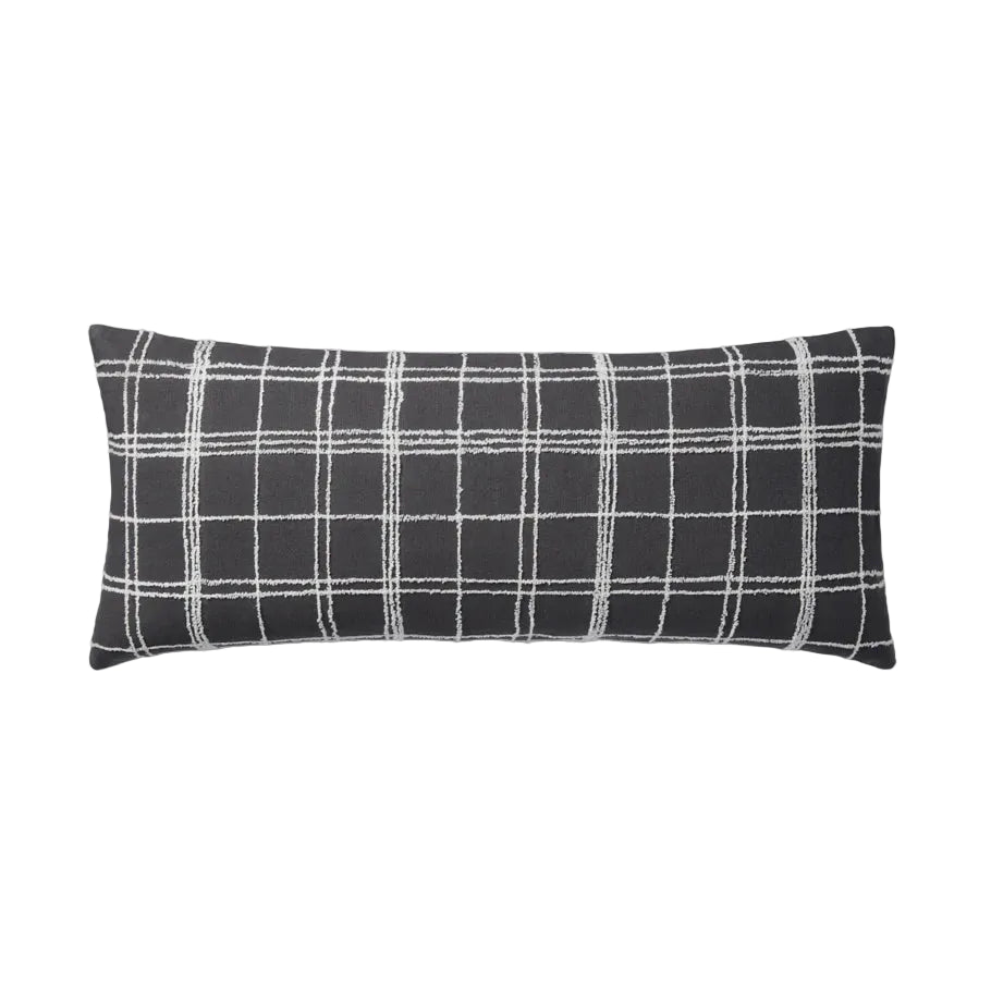 Rectangular pillow with black and white checkered pattern on a white background
