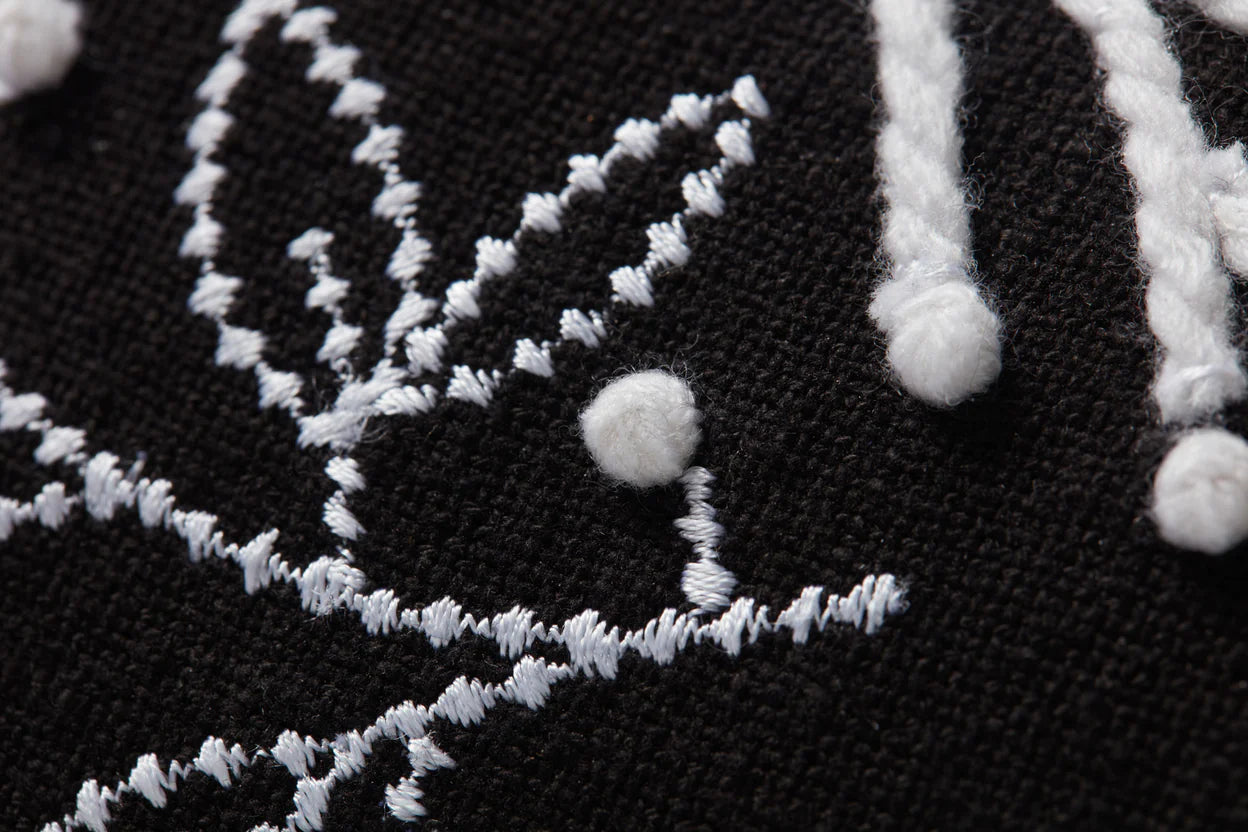 Close-up of embroidered design on black fabric with white thread