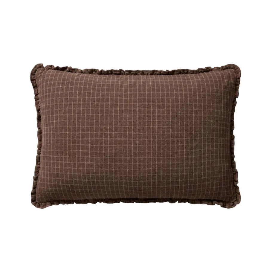 Brown checkered pillow with ruffled edges on a white background