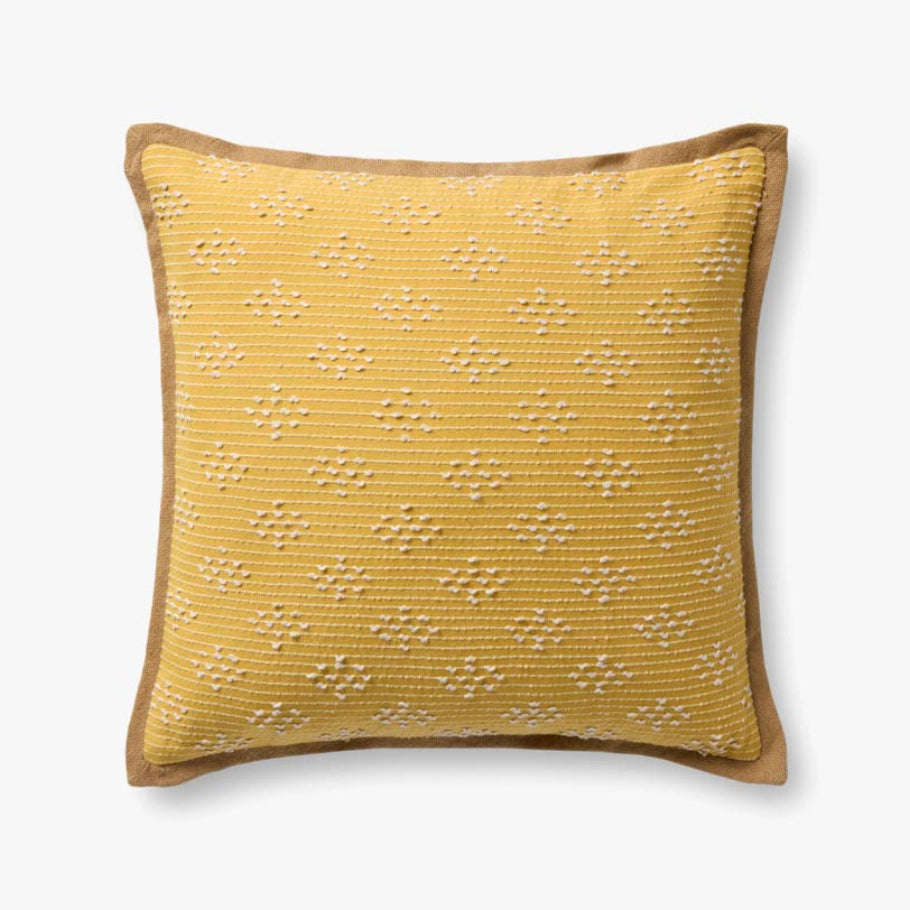 Yellow outdoor textured pillow on a white background