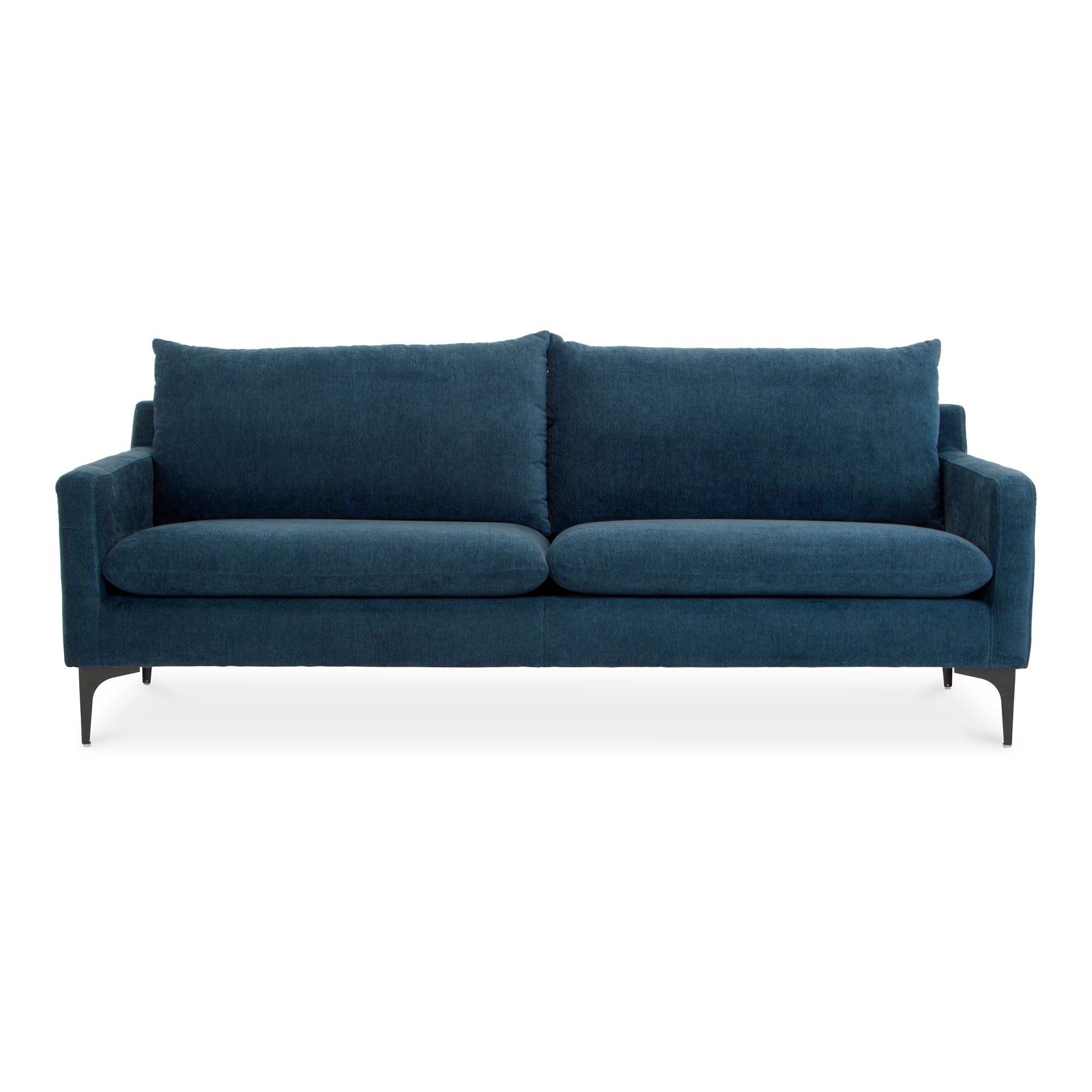 Blue sofa with two cushions on a white background