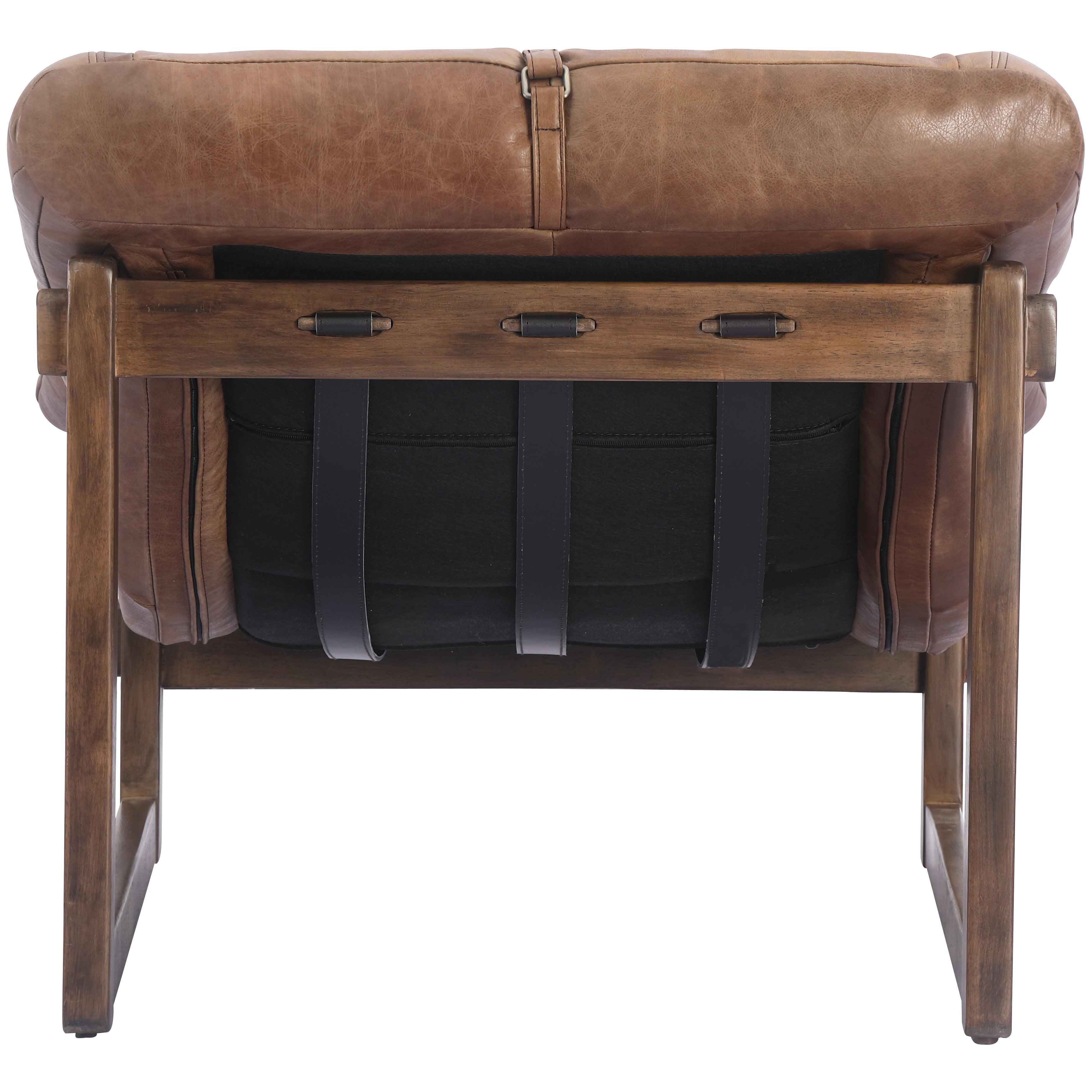 Brown leather armchair with wooden frame on a white background