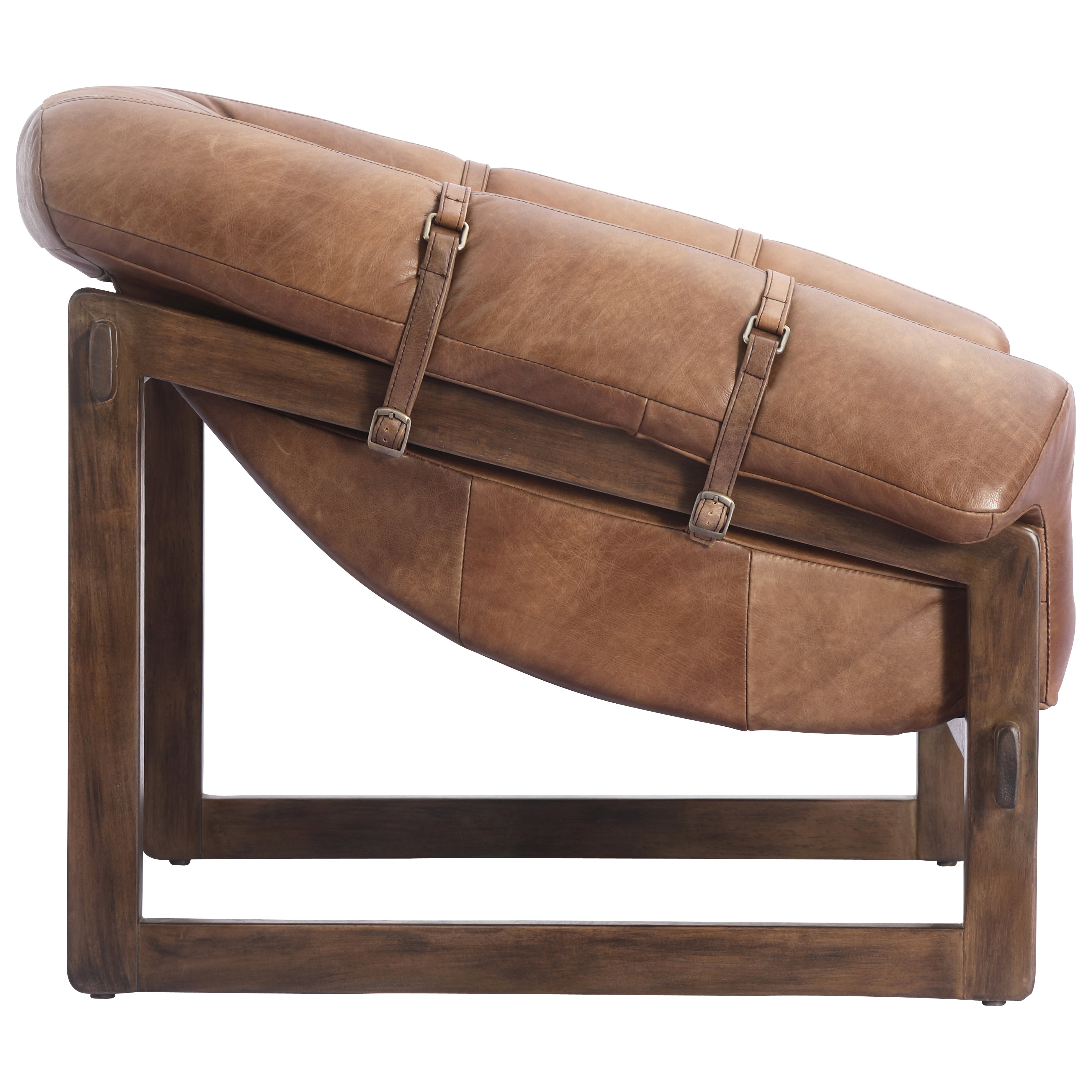 Brown leather ottoman with wooden frame on a white background