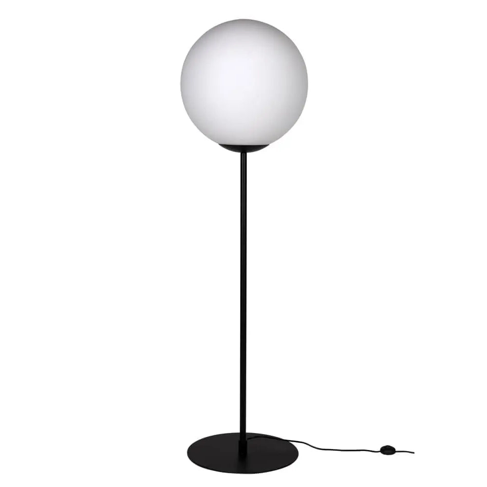 A modern floor lamp with a large white spherical shade on a slim black metal stand with a round base and visible power cord, shown against a plain white background.