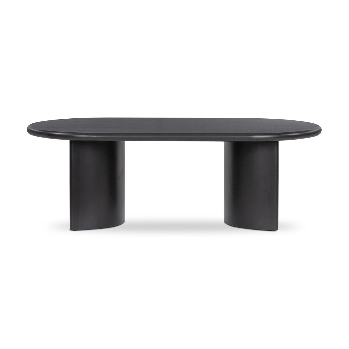 Paden Dining Room table is a modern black oval coffee table with two thick cylindrical pedestal legs, shown against a plain white background.