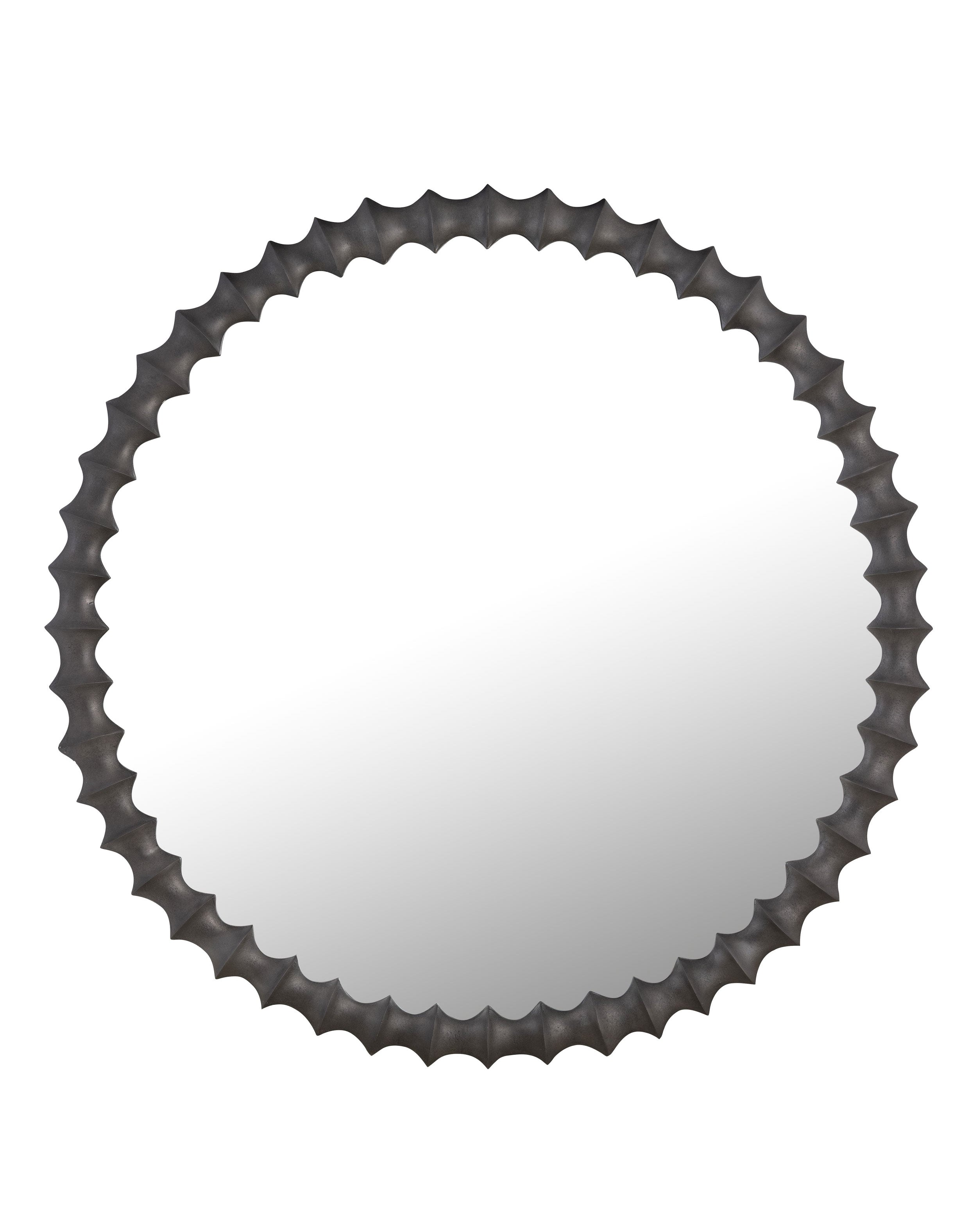 A round wall mirror with a black, textured cast aluminum frame.