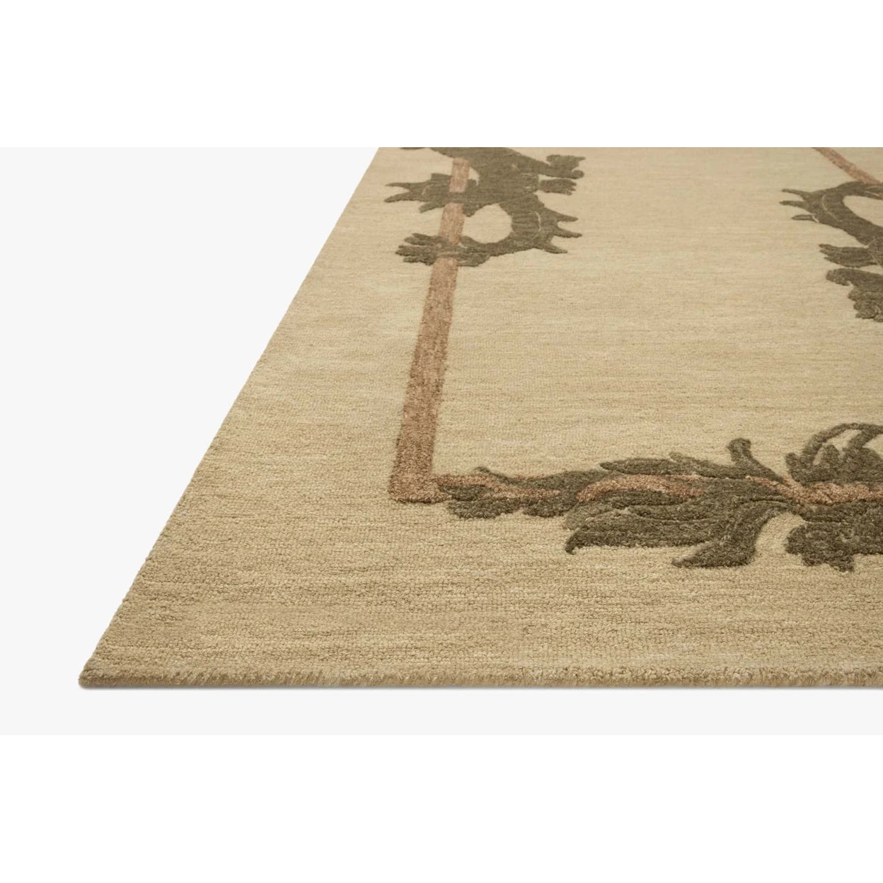 Beige rug with nature-themed design on a white background