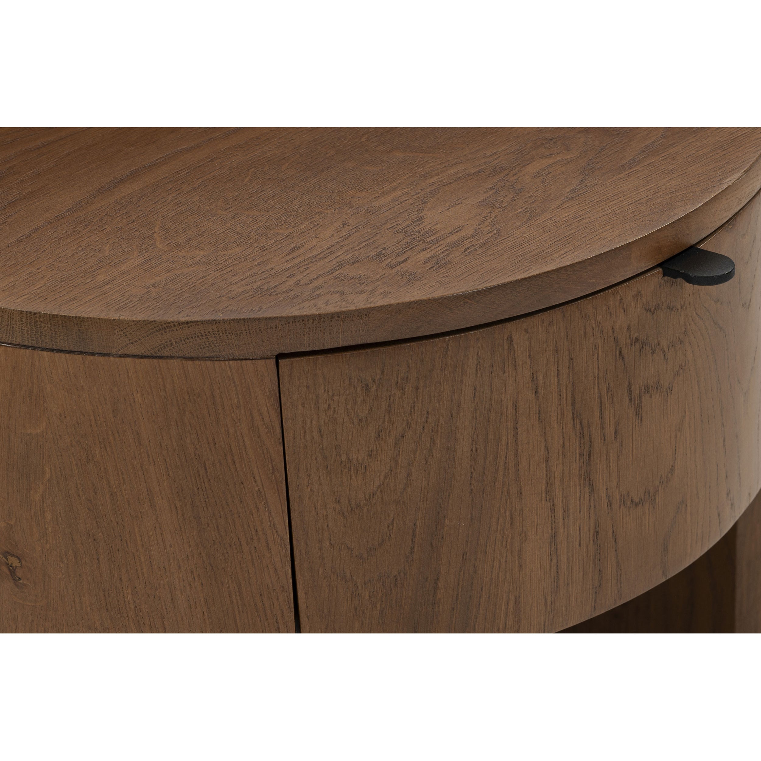 Wooden round nightstand with a drawer on a white background