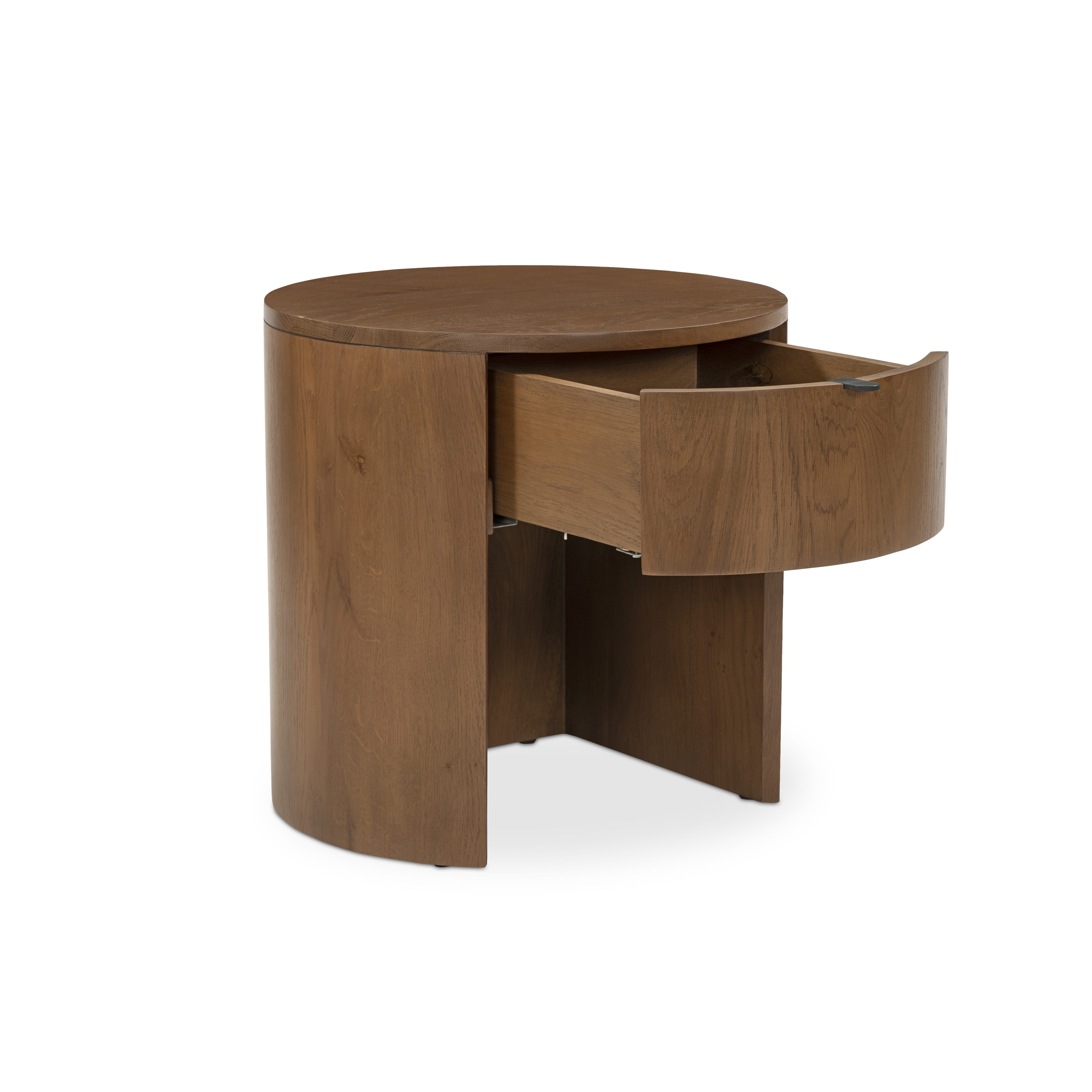 Wooden side table with a drawer on a white background