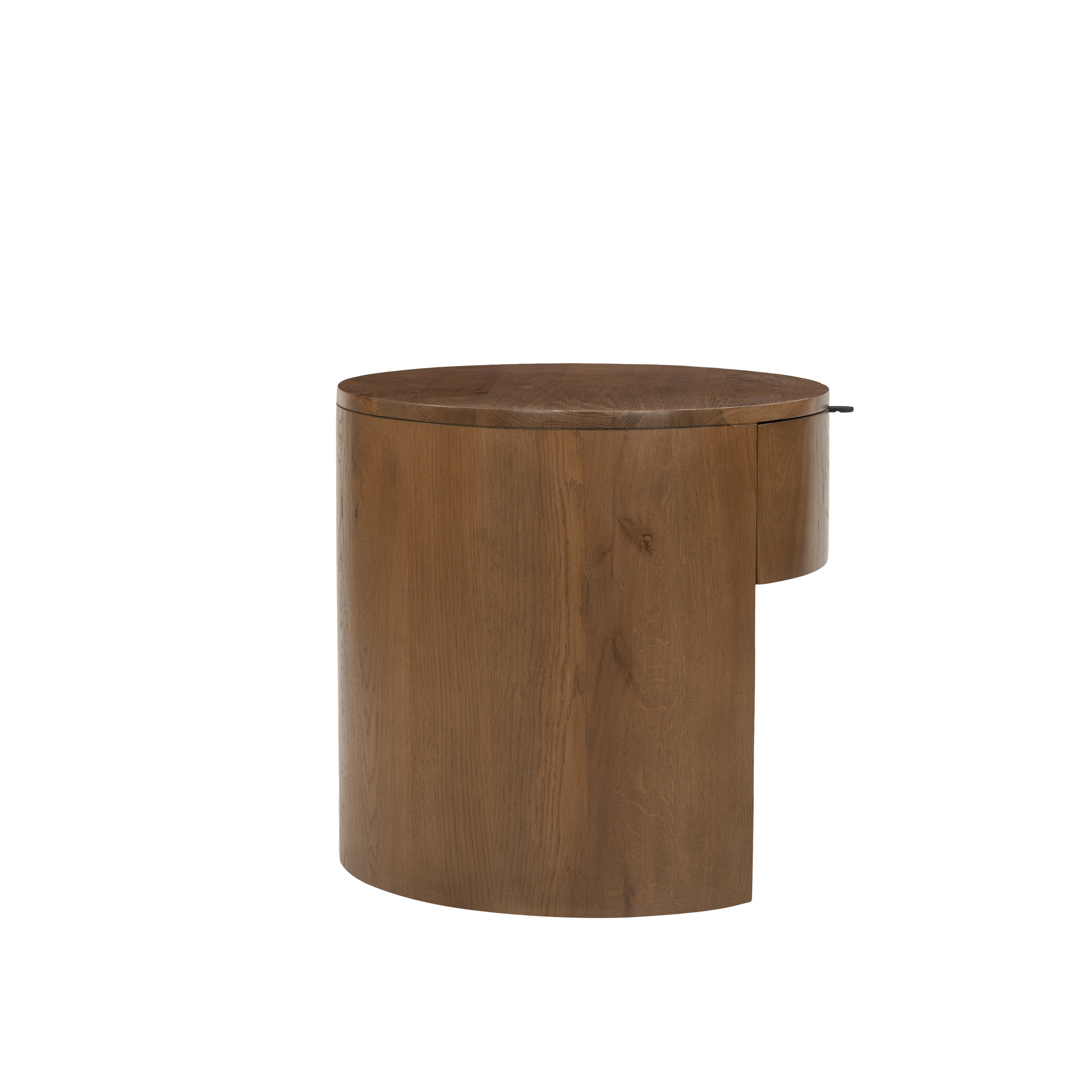 Wooden side table with a drawer on a white background